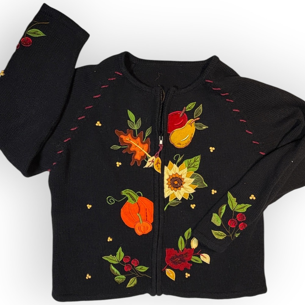 Vtg Autumn Harvest Embroidered Zip Cardigan XL  Black Fall Pumpkin Sunflower